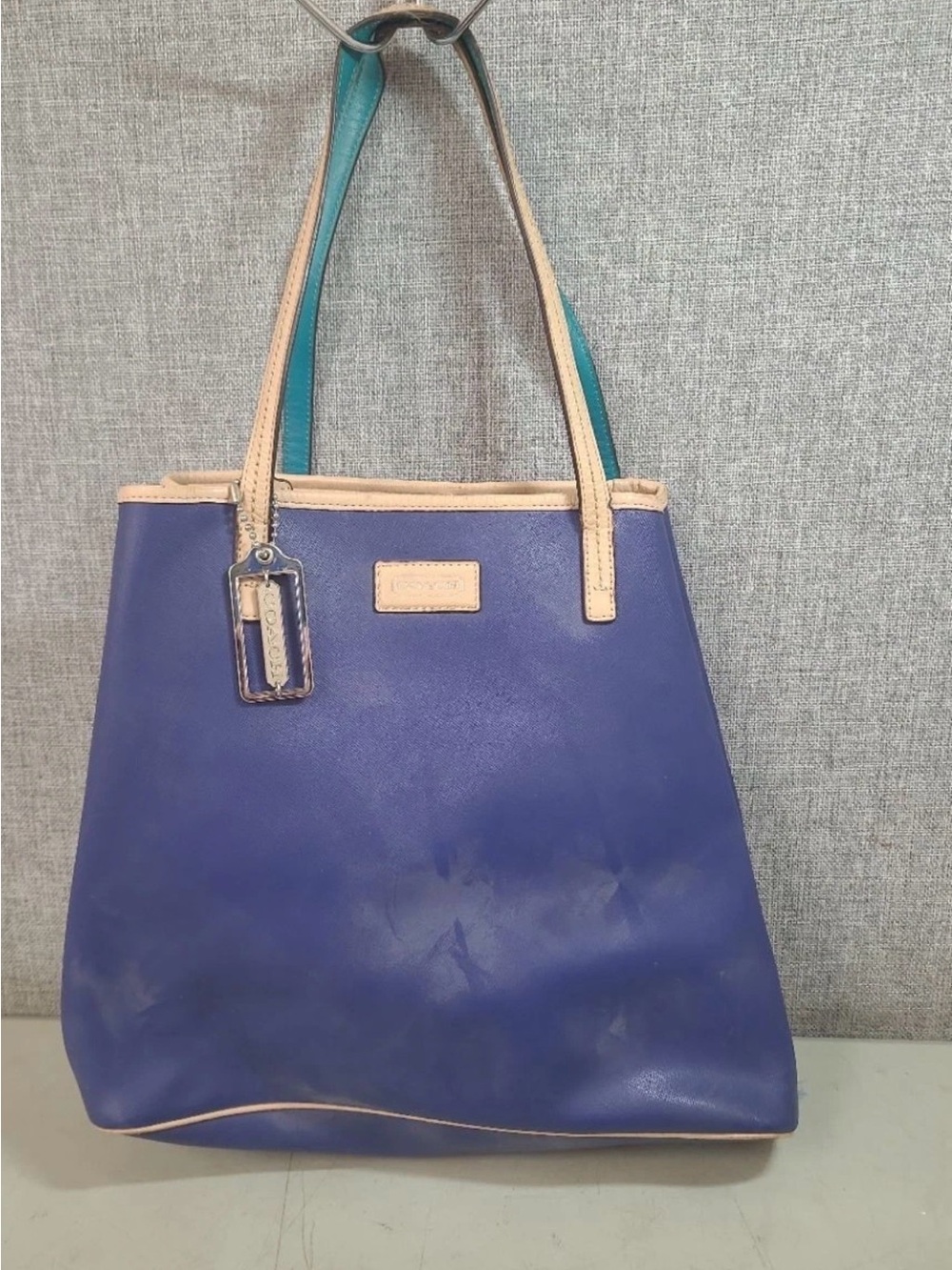 Coach Blue Leather Tote with Beige Trim and Teal Handles